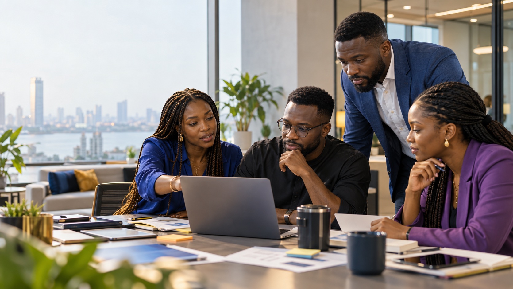 African product and business professionals collaborating around a laptop in an AI product lab session