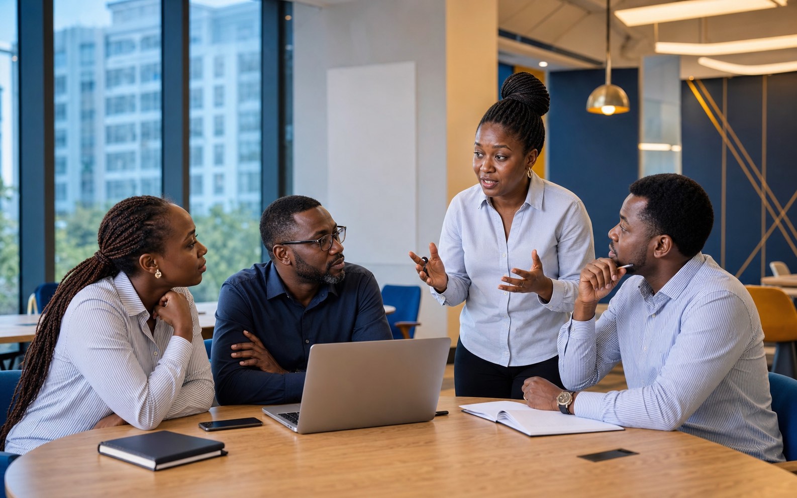 African technology professionals collaborating around a laptop