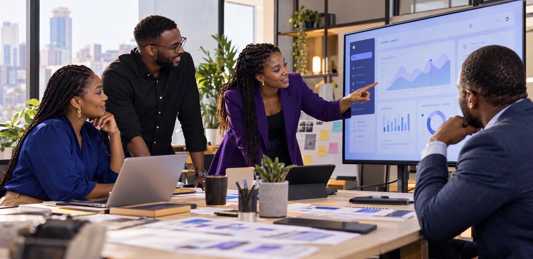 An African product team presenting a working AI product prototype to a business client